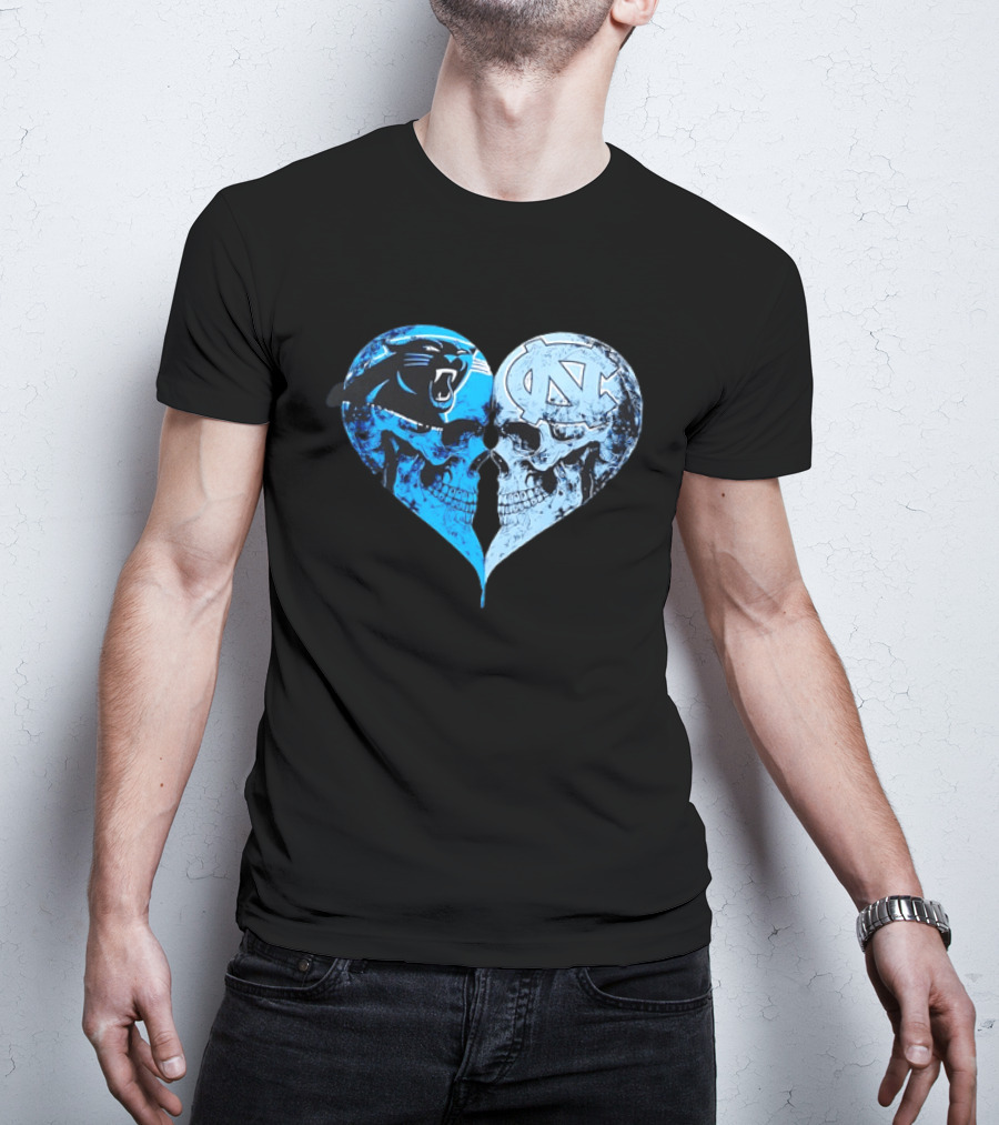 Carolina Panthers North Carolina Tar Heels Skulls Face To Face Heart Shape T-Shirt