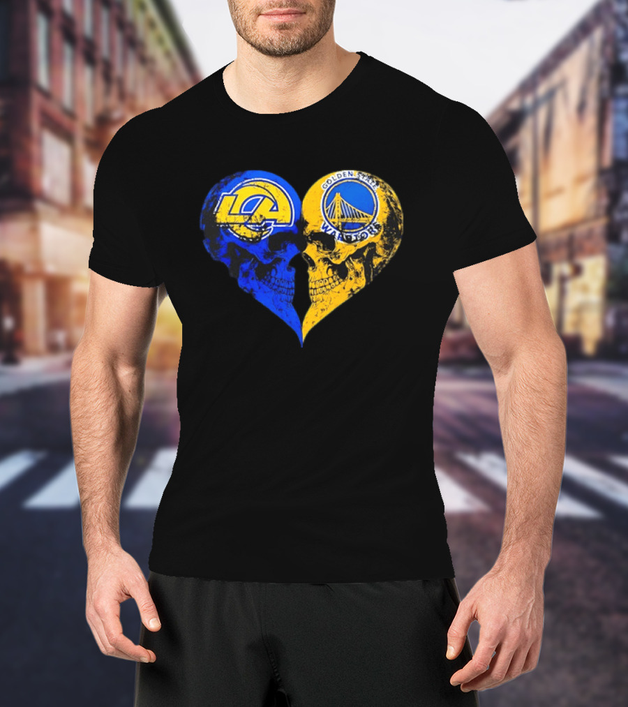 Los Angeles Rams Golden State Warriors Heart Shaped Skulls Distressed T-Shirt