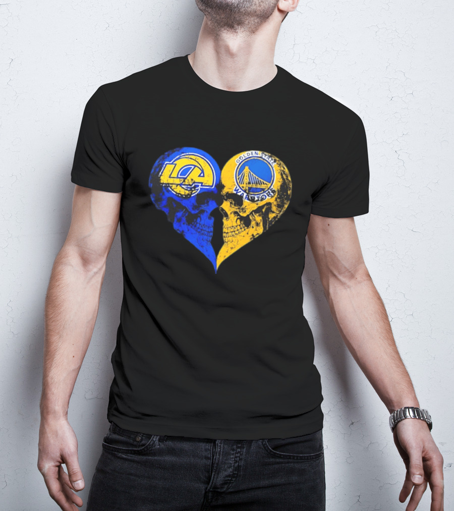 Los Angeles Rams Golden State Warriors Heart Shaped Skulls Distressed T-Shirt