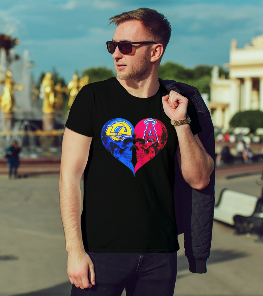 Los Angeles Rams Vs Los Angeles Angels Skulls Heart Face To Face Distressed T-Shirt