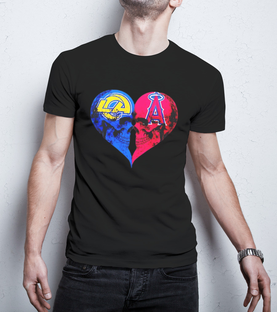 Los Angeles Rams Vs Los Angeles Angels Skulls Heart Face To Face Distressed T-Shirt