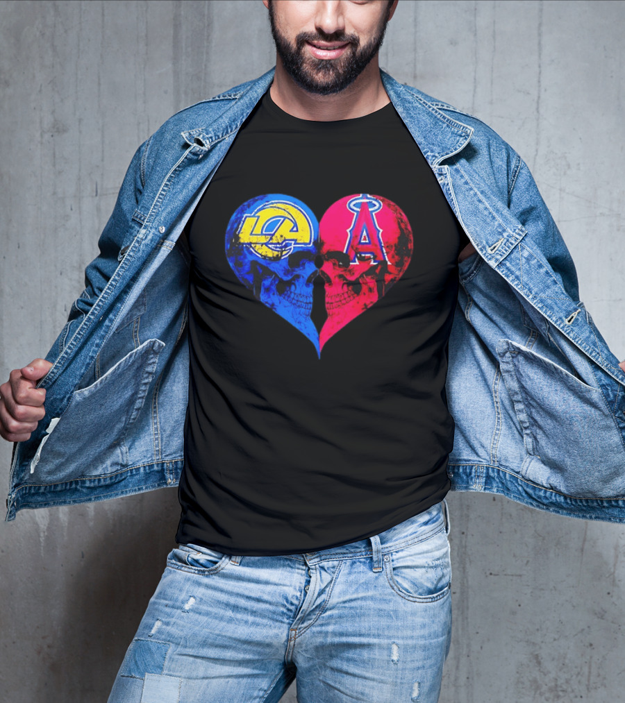 Los Angeles Rams Vs Los Angeles Angels Skulls Heart Face To Face Distressed T-Shirt