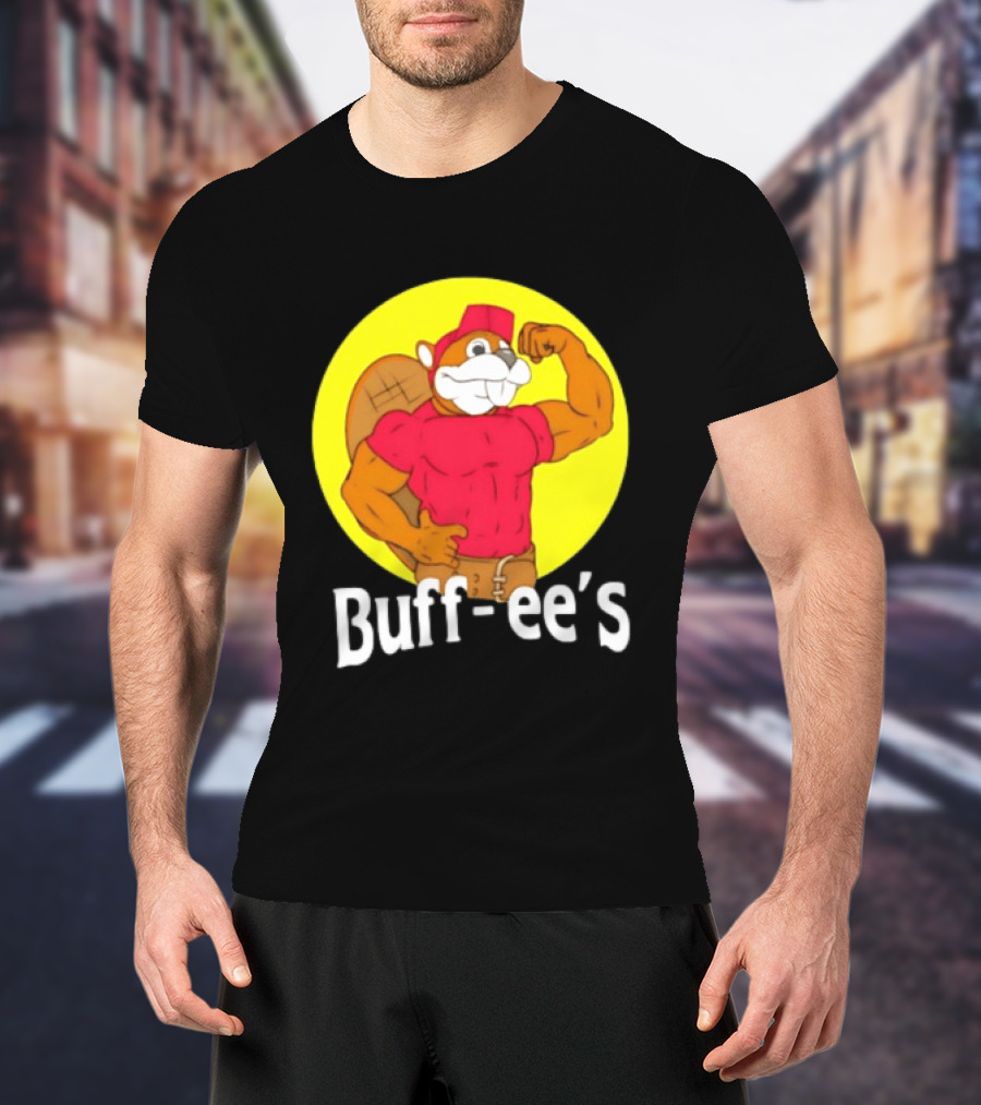 Buff Ee's Strong Muscular Beaver Character In Red Outfit T-Shirt