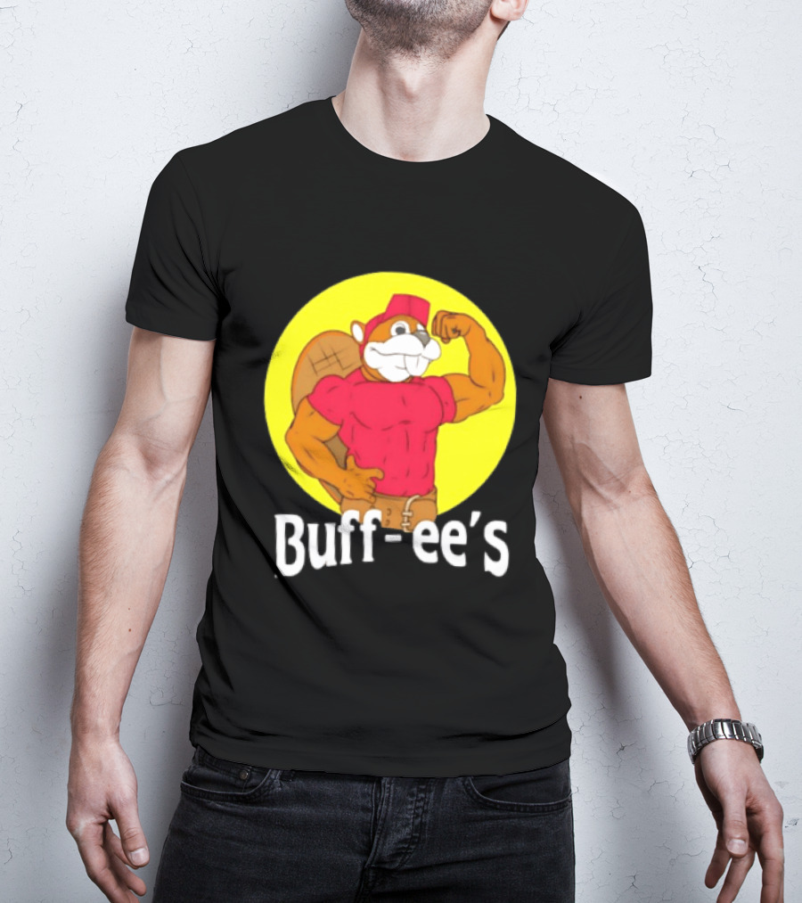 Buff Ee's Strong Muscular Beaver Character In Red Outfit T-Shirt