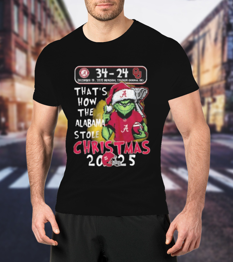 Grinch Santa Alabama Crimson Tide 34 24 Oklahoma Sooners That's How The Alabama Stole Christmas 2025 T-Shirt