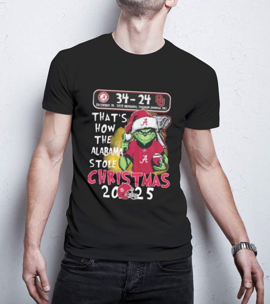 Grinch Santa Alabama Crimson Tide 34 24 Oklahoma Sooners That's How The Alabama Stole Christmas 2025 T-Shirt