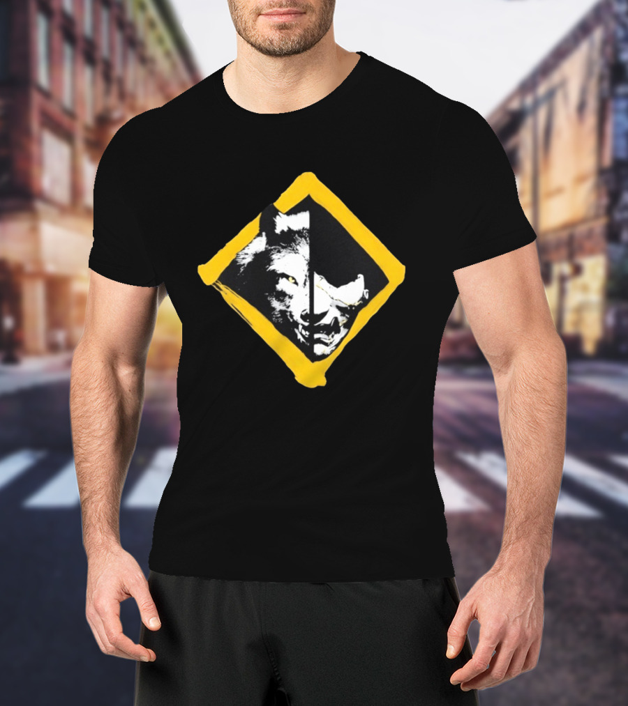 Wolf And Boar Split Face Diamond Yellow Border T-Shirt