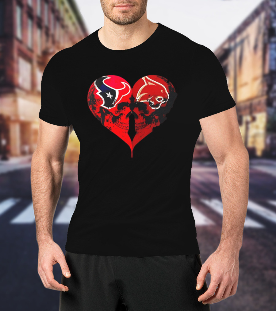 Houston Texans And Tampa Bay Buccaneers Skulls Heart Shape Distressed T-Shirt