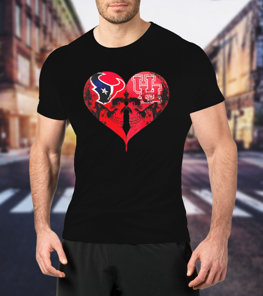 Houston Texans University Of Houston Cougars Heart Shaped Skulls Football Fans T-Shirt