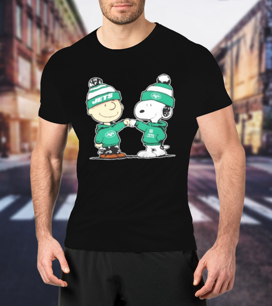 Original Peanuts Charlie Brown Snoopy New York Jets Fist Bump Go Jets Football T-Shirt