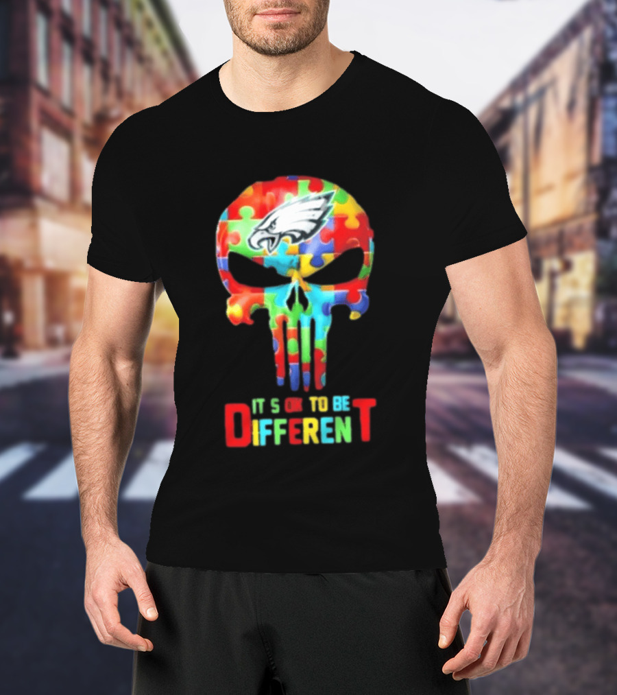 Philadelphia Eagles Skull Puzzle Autism Awareness It's Ok To Be Different T-Shirt