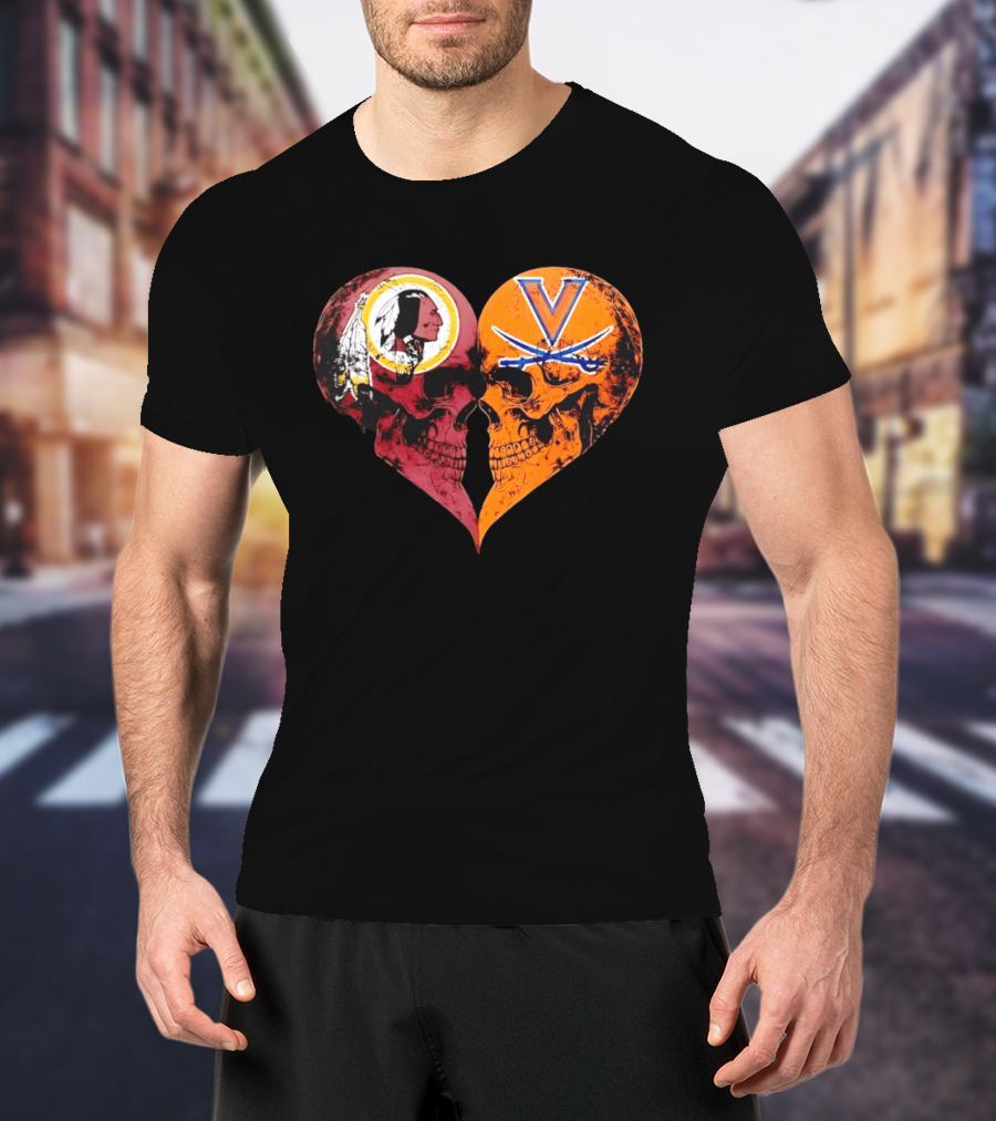 Washington Redskins Virginia Cavaliers Skulls Face To Face Heart Shape Distressed T-Shirt
