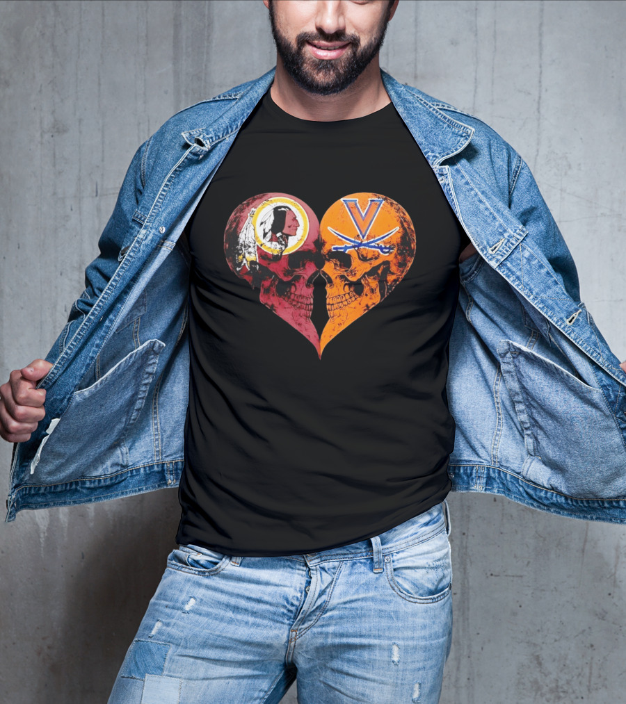 Washington Redskins Virginia Cavaliers Skulls Face To Face Heart Shape Distressed T-Shirt