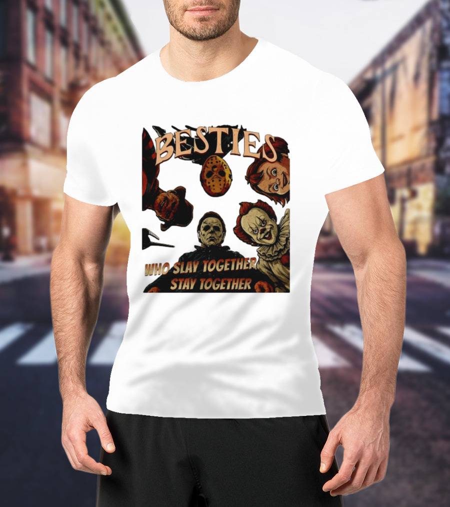 BESTIES Horror Movie Characters Mask Iconic Slayers Pennywise Knife Doll Together T-Shirt