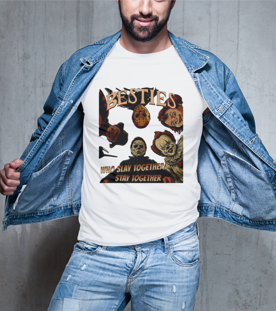 BESTIES Horror Movie Characters Mask Iconic Slayers Pennywise Knife Doll Together T-Shirt