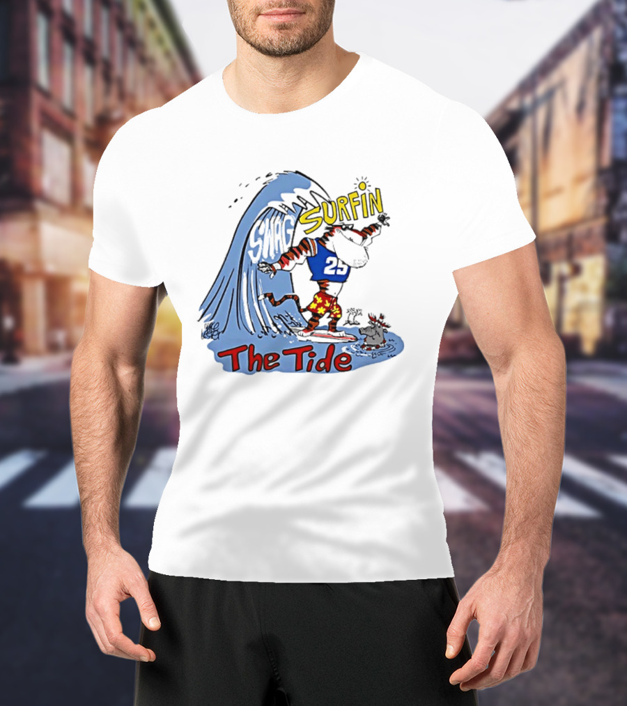 Classic Alabama Gameday Surfin The Tide Tiger In Red Flower Shorts Riding Wave T-Shirt