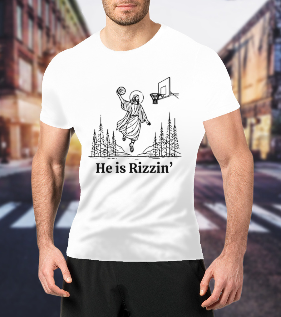 He Is Rizzin Basketball Angel Easter Forest Scene T-Shirt