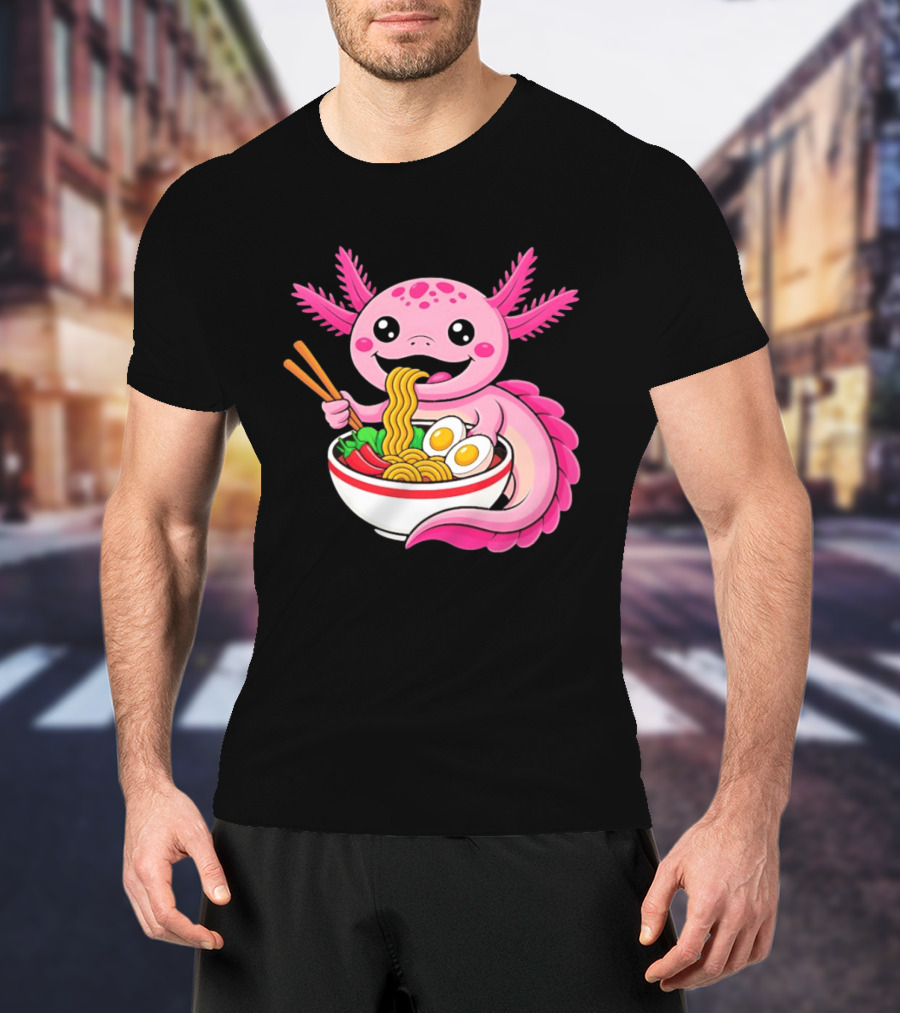 Axolotl Eating Ramen Kawaii Style With Chopsticks And Eggs T-Shirt