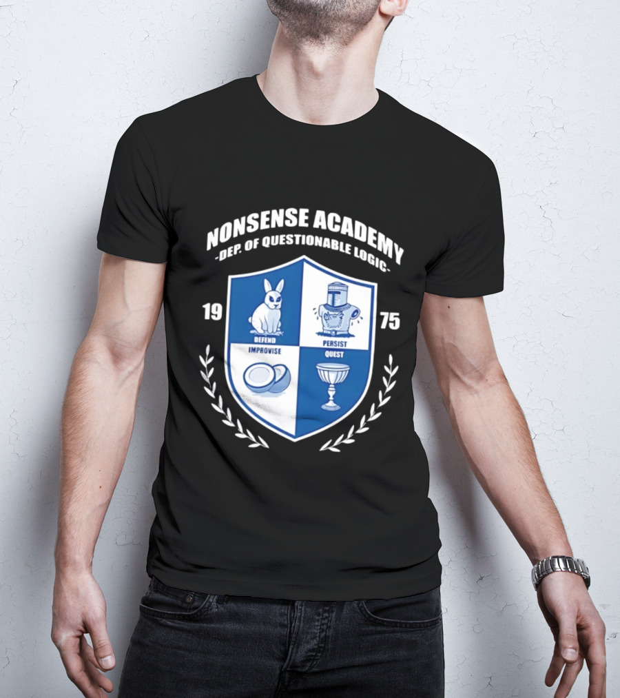 Nonsense Academy 1975 Crest Dept Of Questionable Logic Defend Improvise Persist Quest T-Shirt