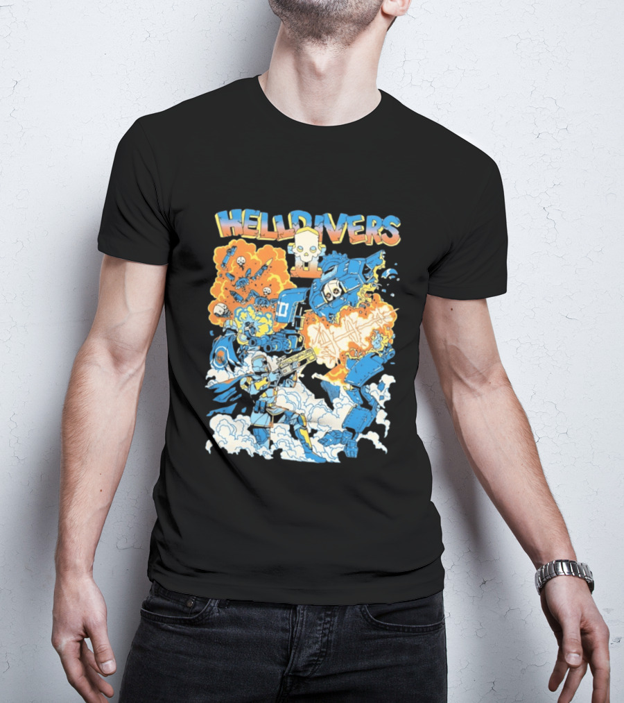 Helldivers Comic Style Explosive Battle Scene Skulls Robots Flames T-Shirt
