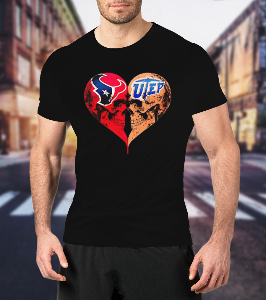 Houston Texans UTEP Miners Skulls Heart Shape Face To Face T-Shirt