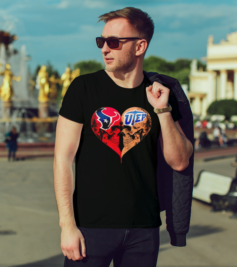 Houston Texans UTEP Miners Skulls Heart Shape Face To Face T-Shirt