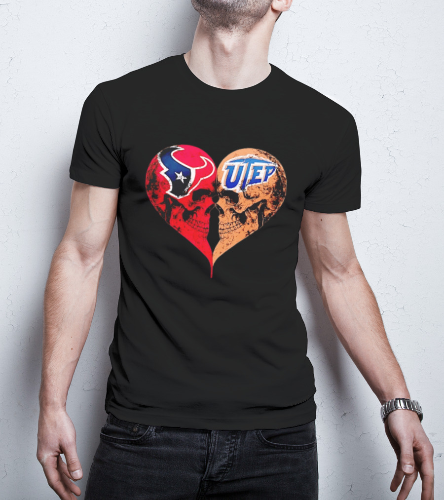 Houston Texans UTEP Miners Skulls Heart Shape Face To Face T-Shirt