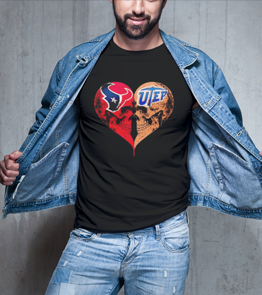 Houston Texans UTEP Miners Skulls Heart Shape Face To Face T-Shirt