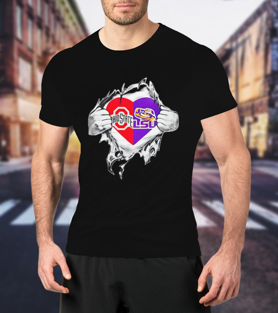 Ohio State LSU Heart Ripped Open Fan T-Shirt