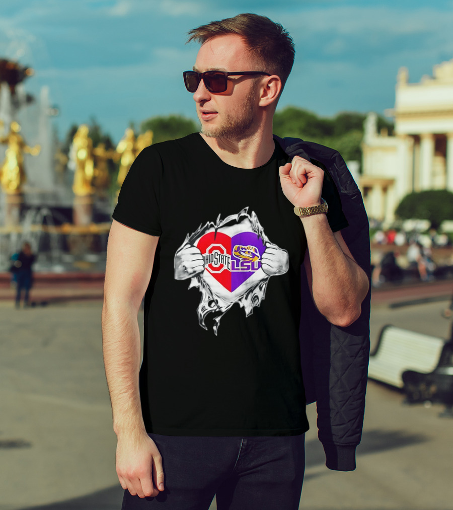 Ohio State LSU Heart Ripped Open Fan T-Shirt