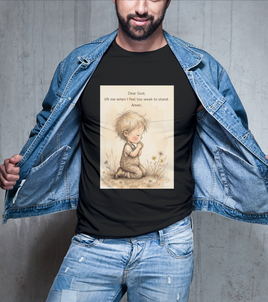 Dear God Lift Me When I Feel Too Weak To Stand Amen Kneeling Child Prayer Floral Field T-Shirt