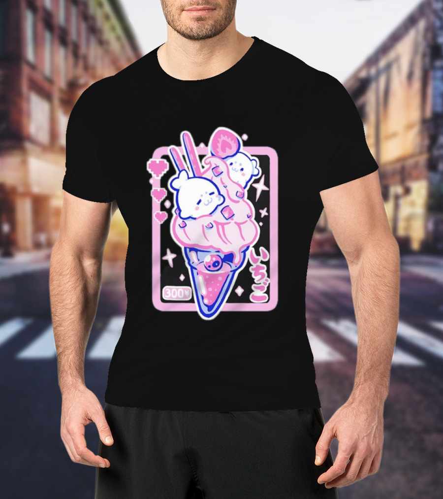 Kawaii Strawberry Ice Cream With Seals And 300 Yen Cute Hearts T-Shirt
