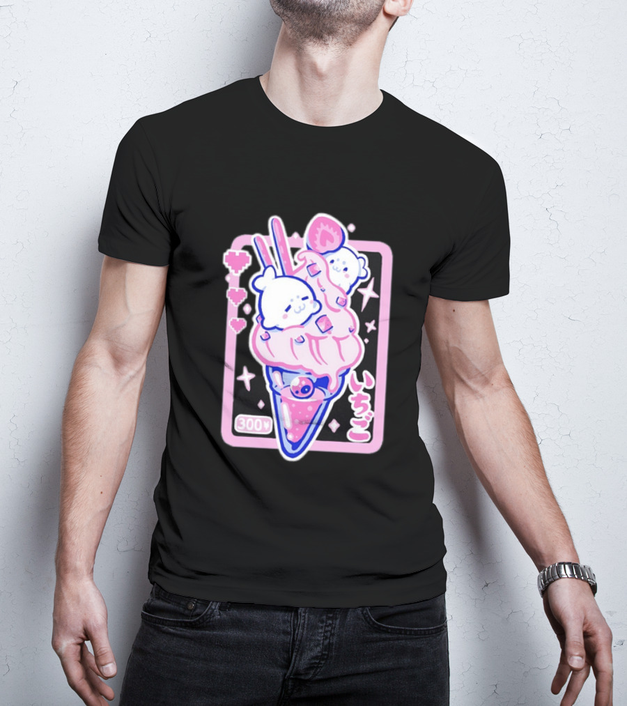 Kawaii Strawberry Ice Cream With Seals And 300 Yen Cute Hearts T-Shirt