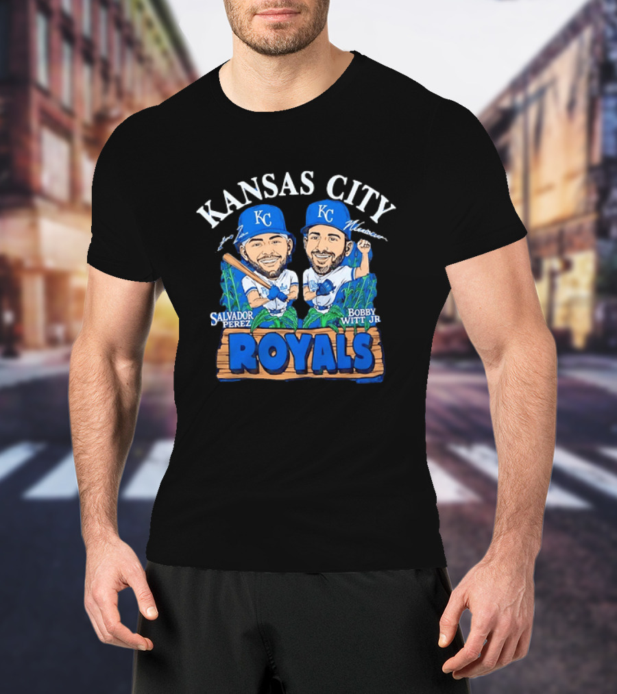 Kansas City Royals Salvador Perez Bobby Witt Jr Cartoon Baseball T-Shirt
