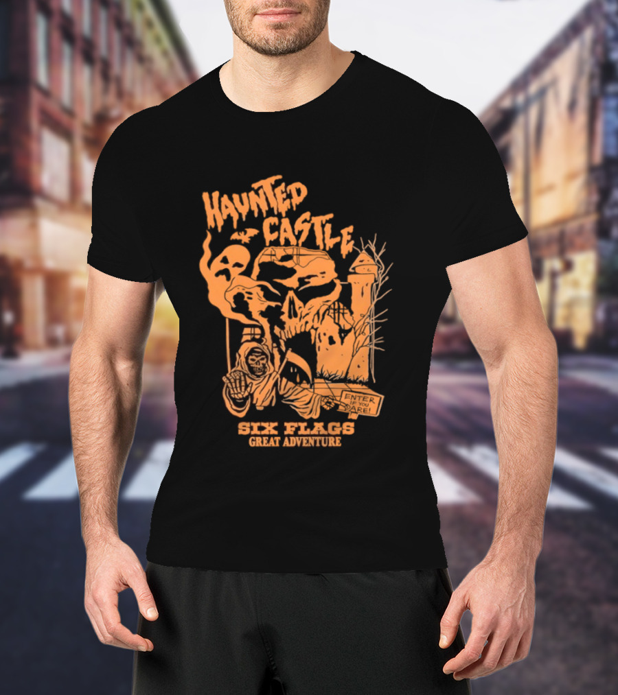 Six Flags Great Adventure Haunted Castle Enter If You Dare Spooky Skeleton And Ghosts T-Shirt