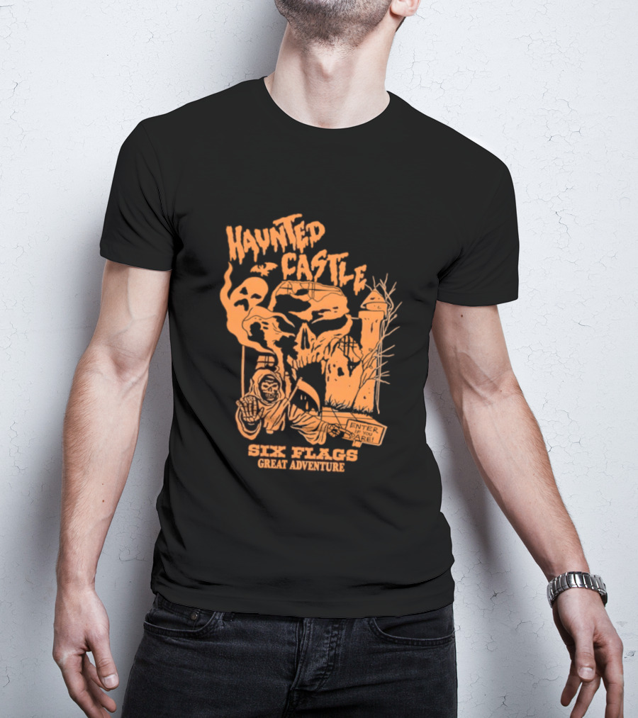 Six Flags Great Adventure Haunted Castle Enter If You Dare Spooky Skeleton And Ghosts T-Shirt