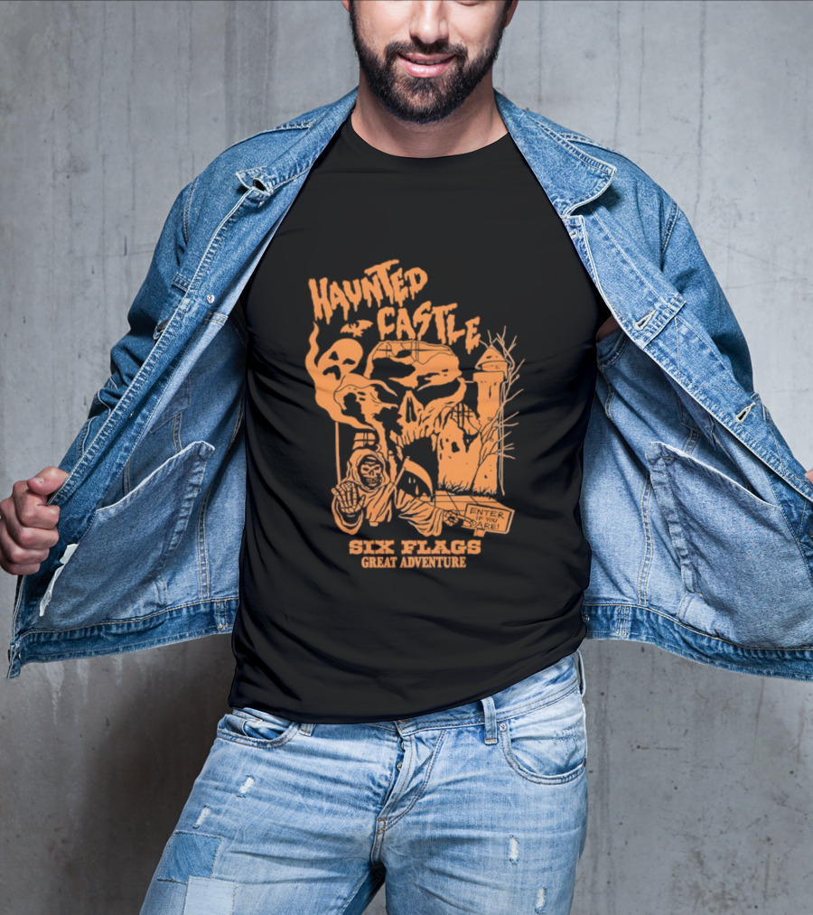 Six Flags Great Adventure Haunted Castle Enter If You Dare Spooky Skeleton And Ghosts T-Shirt