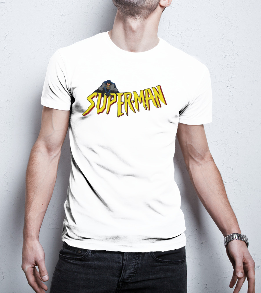 Batman Crouching On Superman Lettering DC Comics T-Shirt