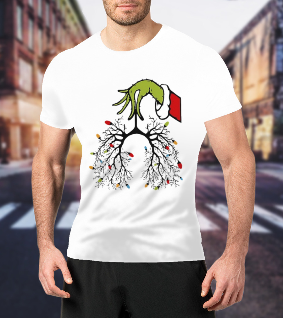 Christmas 2025 Nurse Lungs With Lights And Green Hand Santa Sleeve T-Shirt