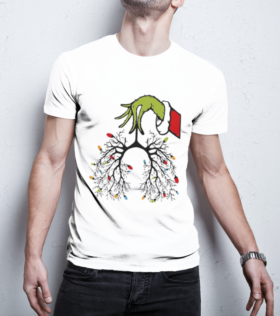 Christmas 2025 Nurse Lungs With Lights And Green Hand Santa Sleeve T-Shirt