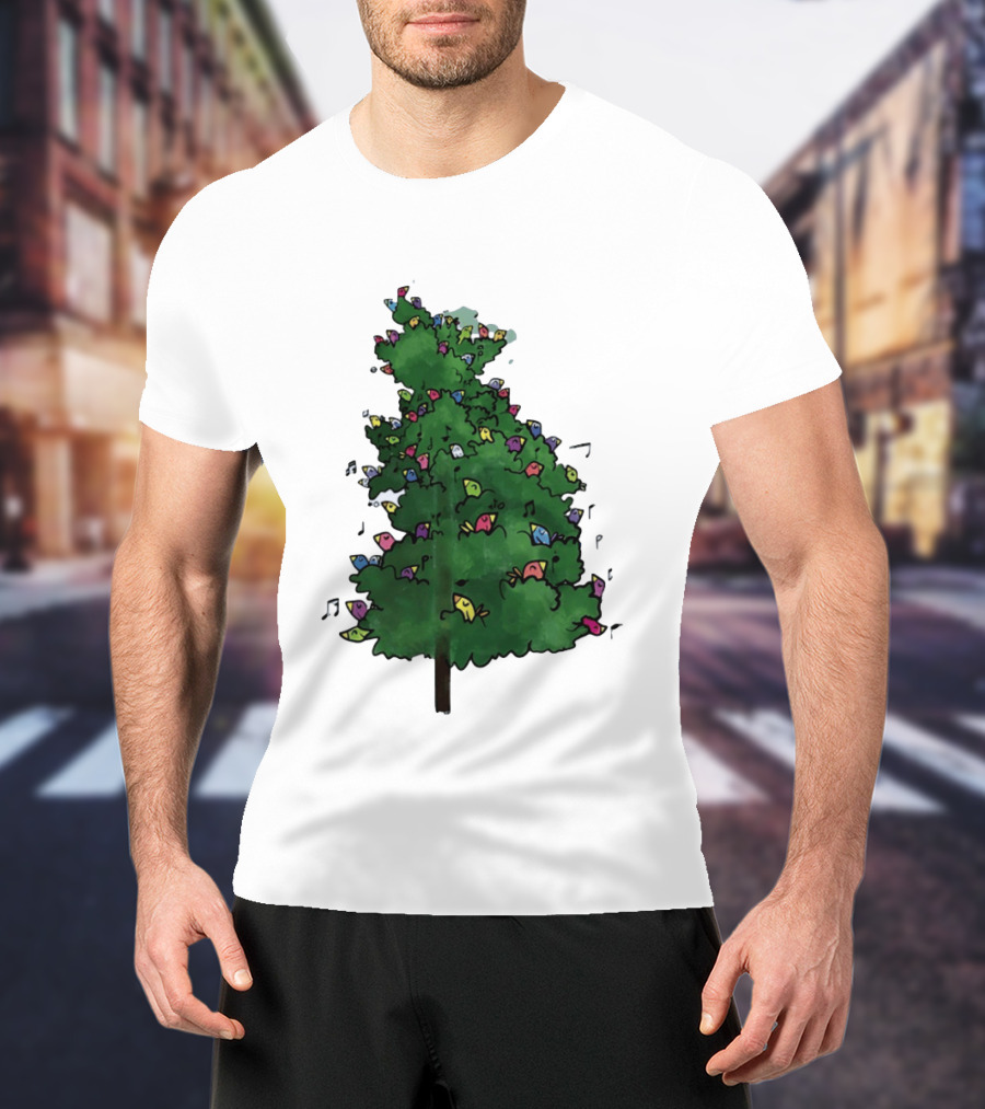 Colorful Singing Birds In Evergreen Tree With Musical Notes T-Shirt