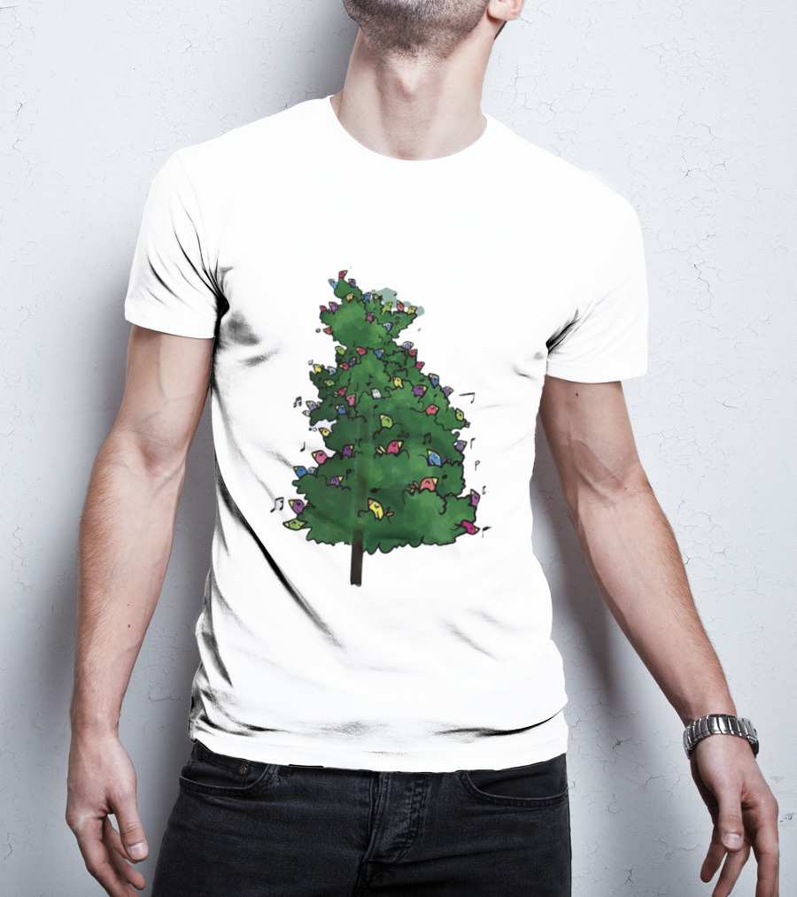 Colorful Singing Birds In Evergreen Tree With Musical Notes T-Shirt