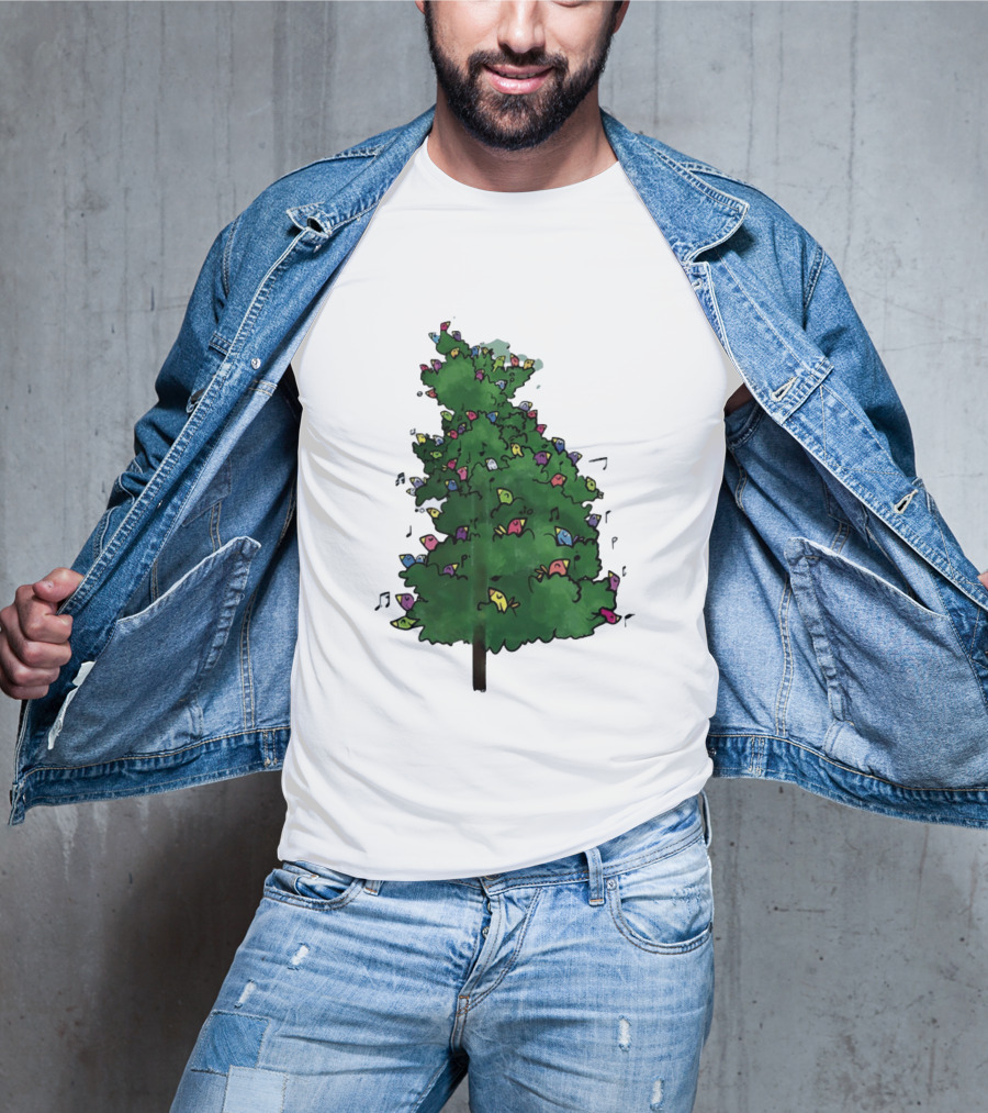 Colorful Singing Birds In Evergreen Tree With Musical Notes T-Shirt