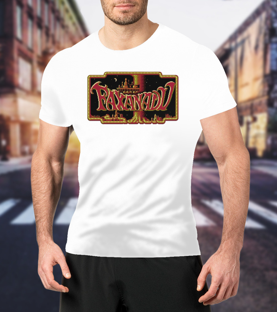 Faxanadu Retro NES Game Pixel Art Castle Moon Night Scene T-Shirt