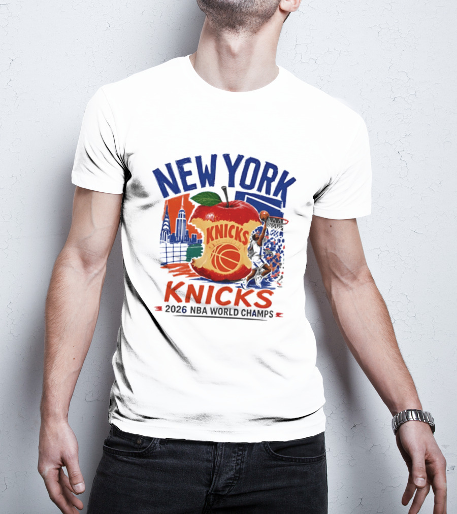 New York Knicks 2026 NBA World Champs Skyline Apple Basketball T-Shirt