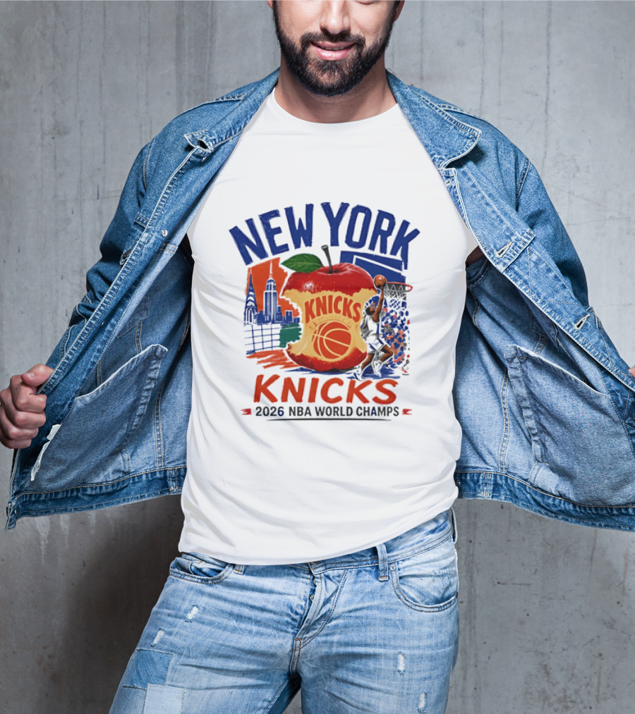 New York Knicks 2026 NBA World Champs Skyline Apple Basketball T-Shirt