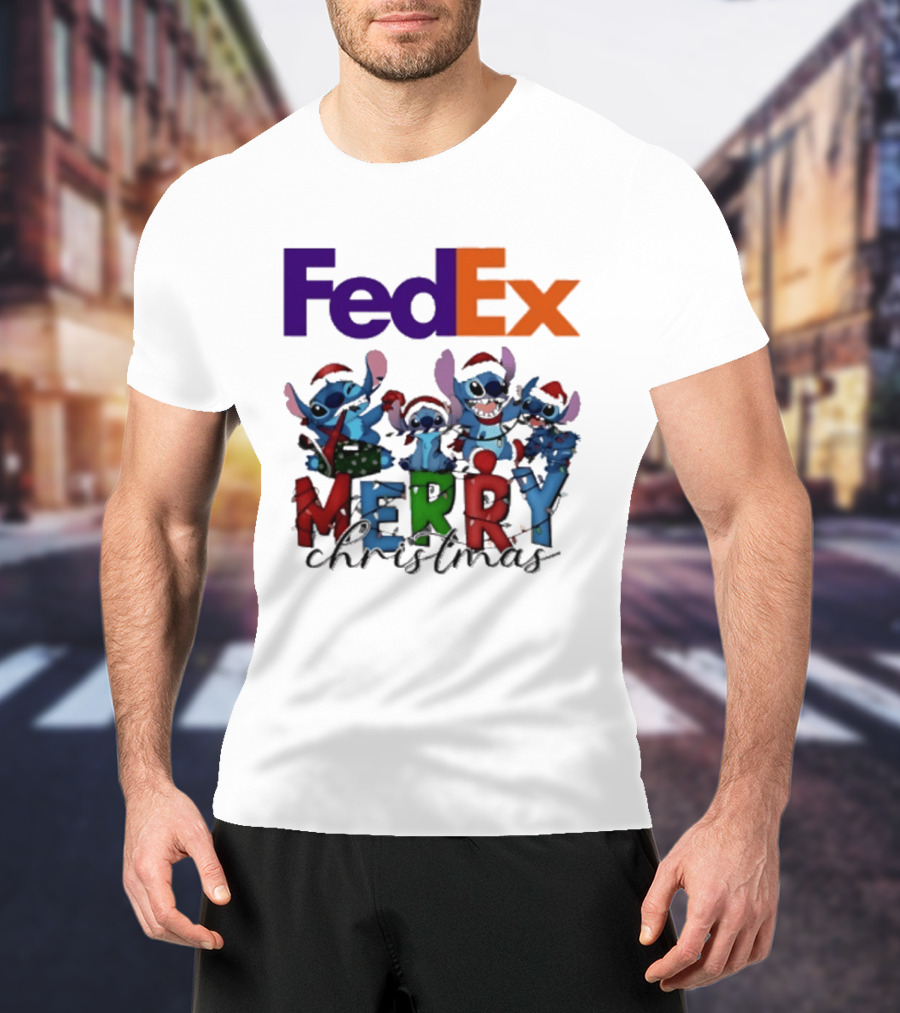 FedEx Stitch Merry Christmas 2025 Characters In Santa Hats T-Shirt
