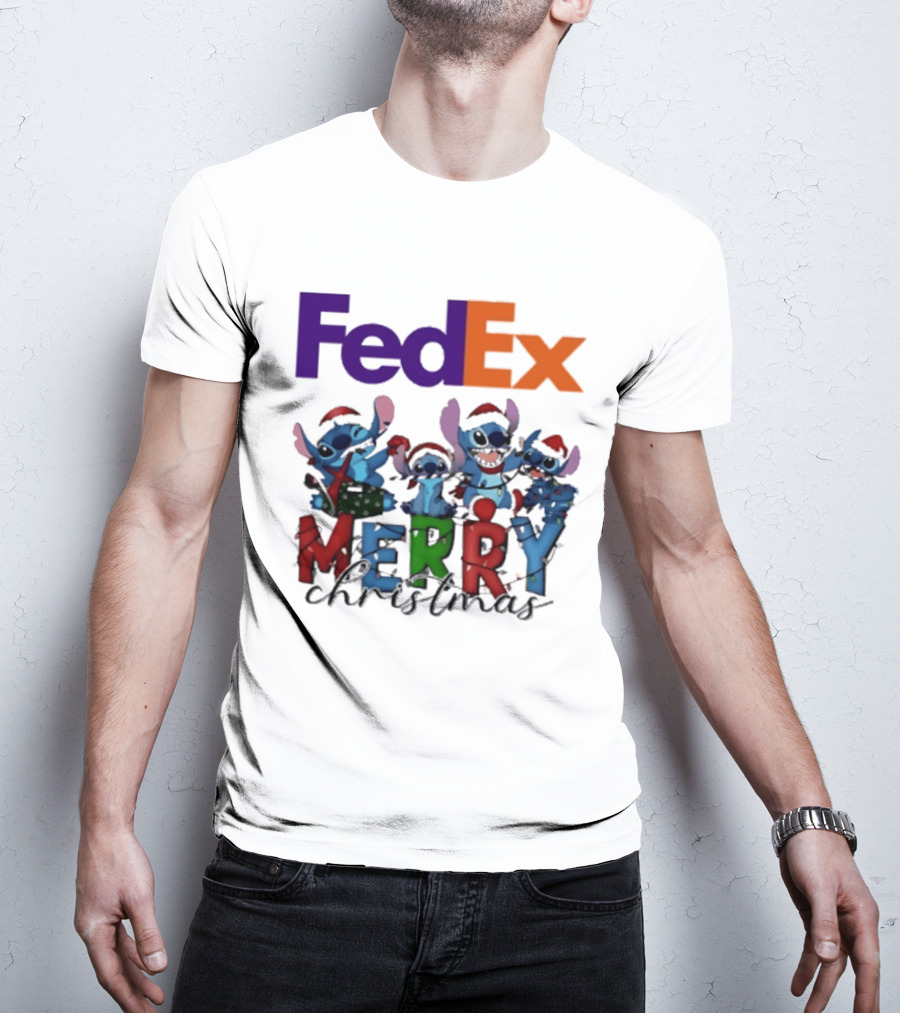 FedEx Stitch Merry Christmas 2025 Characters In Santa Hats T-Shirt