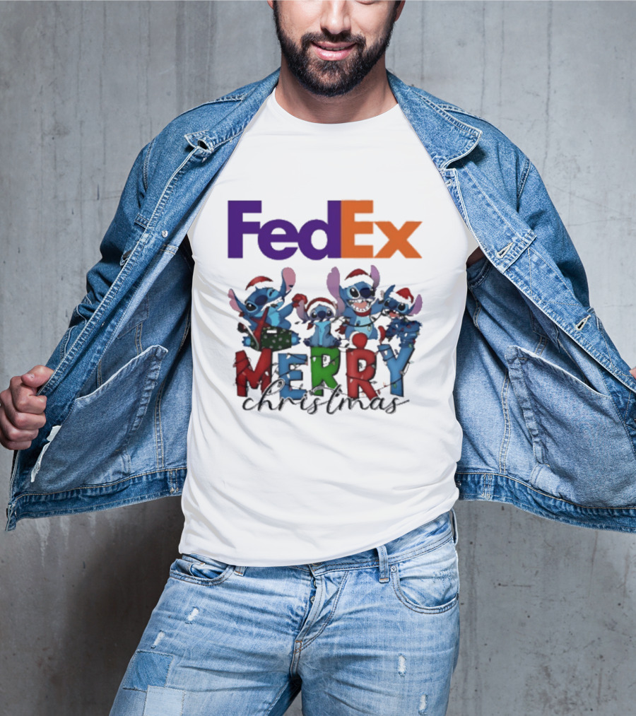 FedEx Stitch Merry Christmas 2025 Characters In Santa Hats T-Shirt