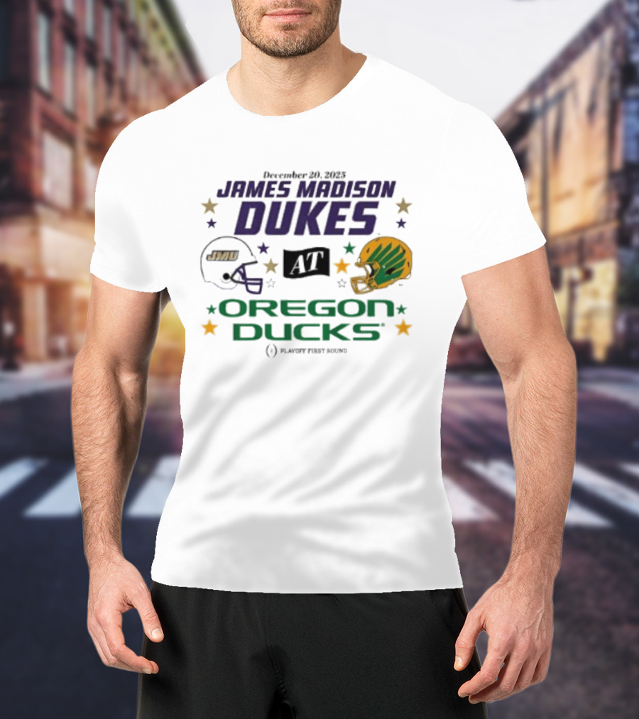 James Madison Dukes Vs Oregon Ducks December 20 2025 CFP Playoff First Round T-Shirt